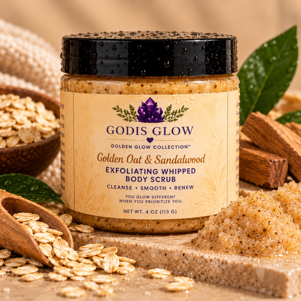 🌾 Golden Oat & Sandalwood Exfoliating Whipped Body Scrub 8oz